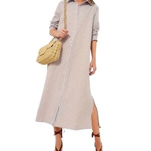 Pomander Place Maxi Dress Lilac & Khaki Stripe Seersucker Button Down Sz S NWOT